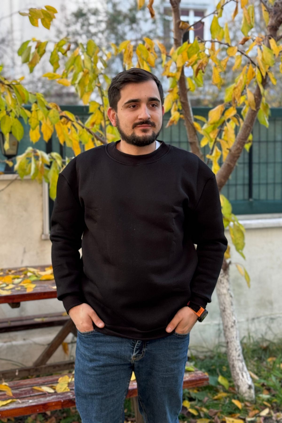 Erkek Bi̇si̇klet Yaka Sweatshi̇rt 3 İ̇pli̇k Şardonlu - Siyah - 1