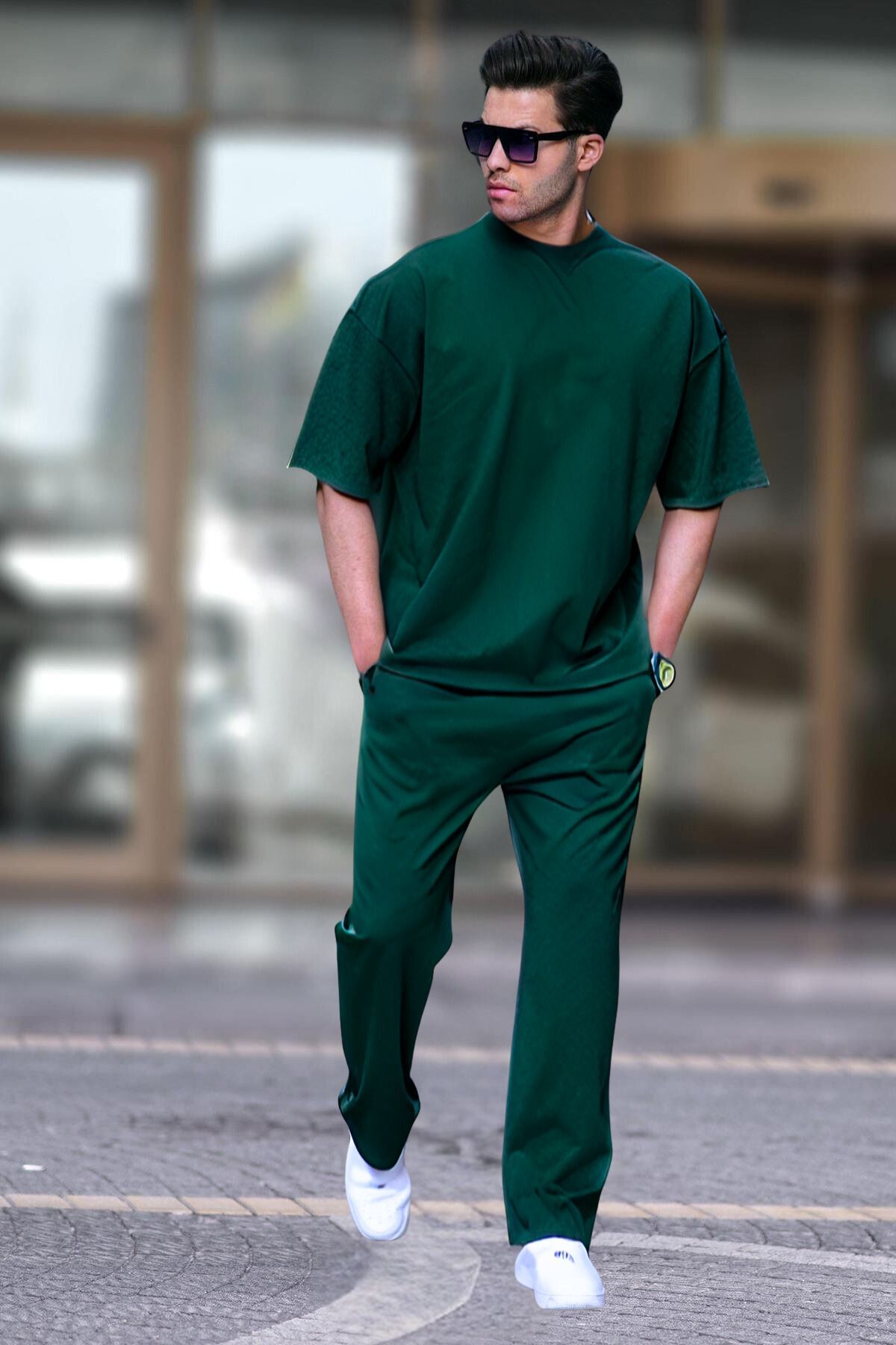 Erkek Yazlık Bisiklet Yaka Oversize Eşofman Takımı - Koyu Yeşil - 1