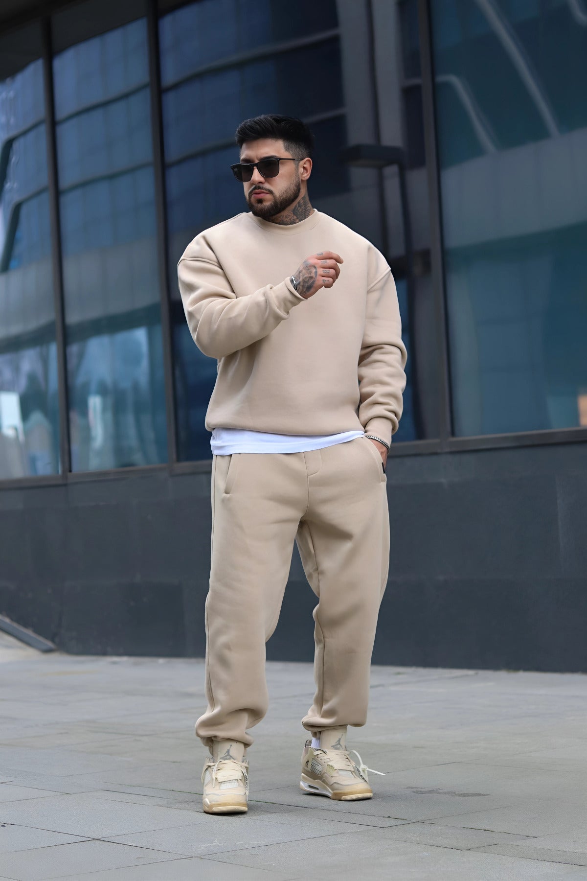 Oversize Pamuklu Kalın Bisikletyaka Eşofman Takımı - Bej - 2