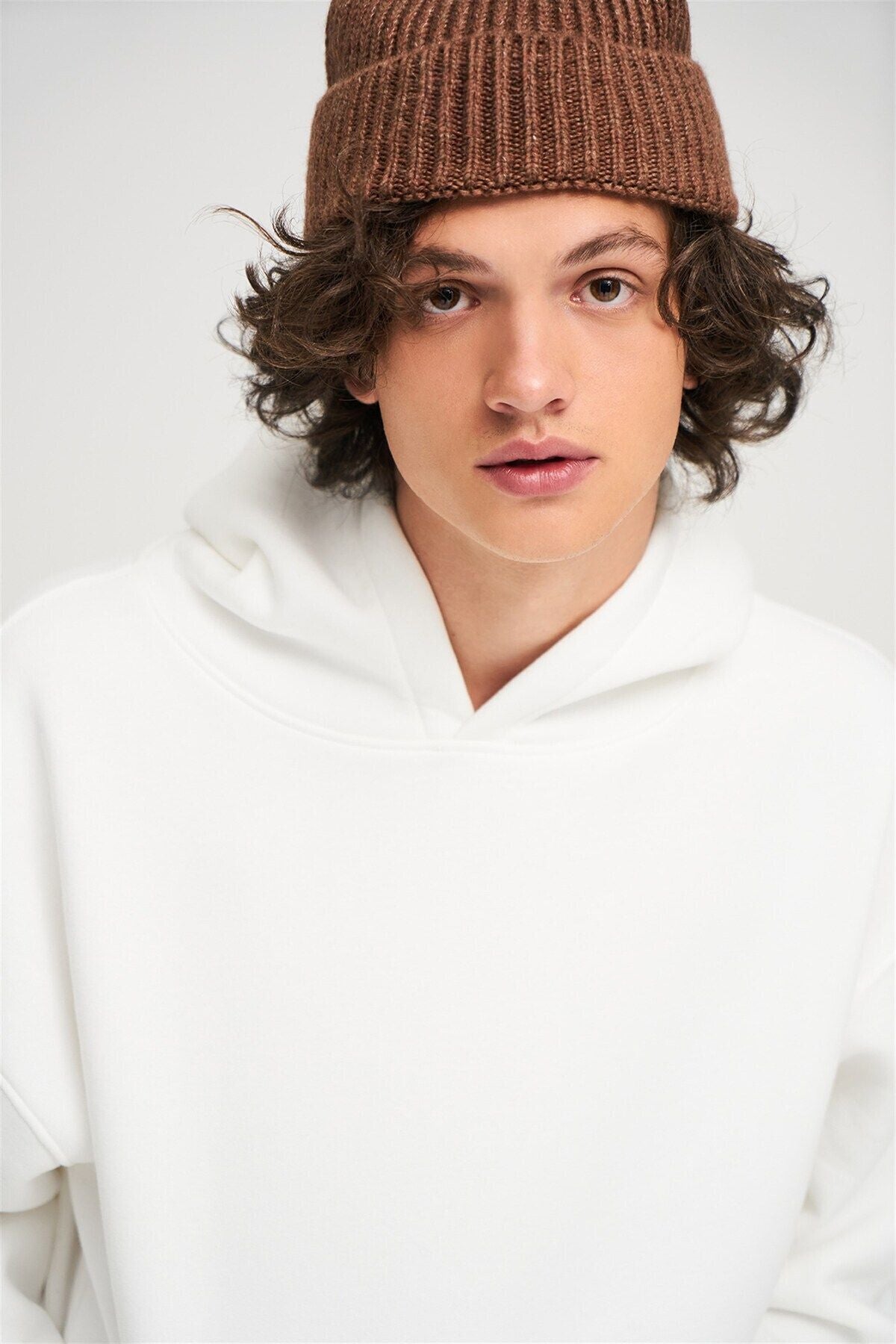 Unisex Kapşonlu Kanguru Cep 3 İ̇plik Uzun Kollu Sweatshirt Hoodie - Beyaz - 4