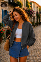 Kadın Fermuarlı Oversize Bomber Basic Mevsimlik Günlük Ceket - Füme - 3