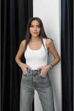 Kadin Fi̇ti̇lli̇ Esnek Kalin Askili Ti̇şört Atlet Body - Beyaz - 2