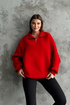 Unisex 3 İ̇plik Oversize Şardonlu Yarım Fermuarlı Swetshirt - Kırmızı - 1