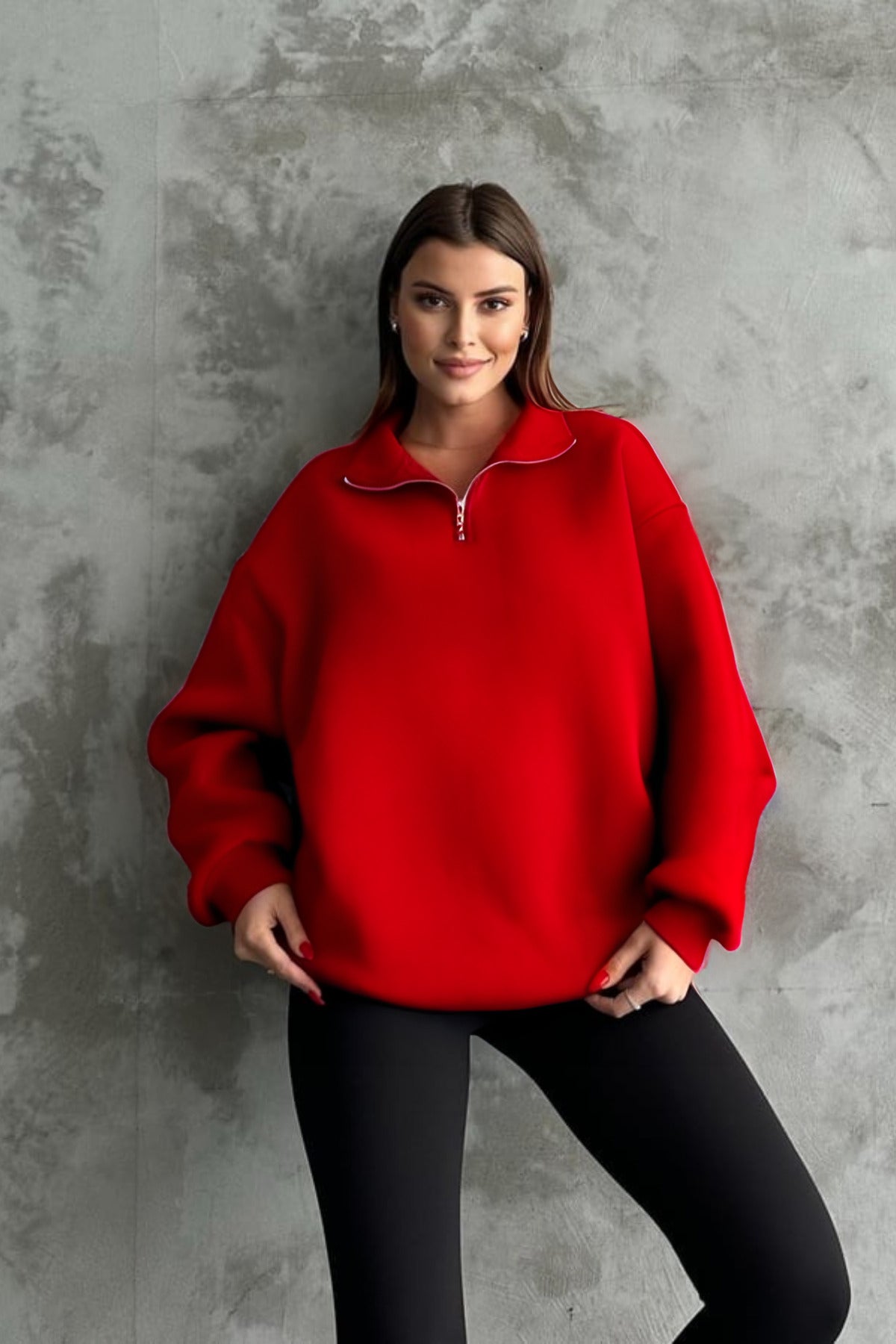 Unisex 3 İ̇plik Oversize Şardonlu Yarım Fermuarlı Swetshirt - Kırmızı - 1
