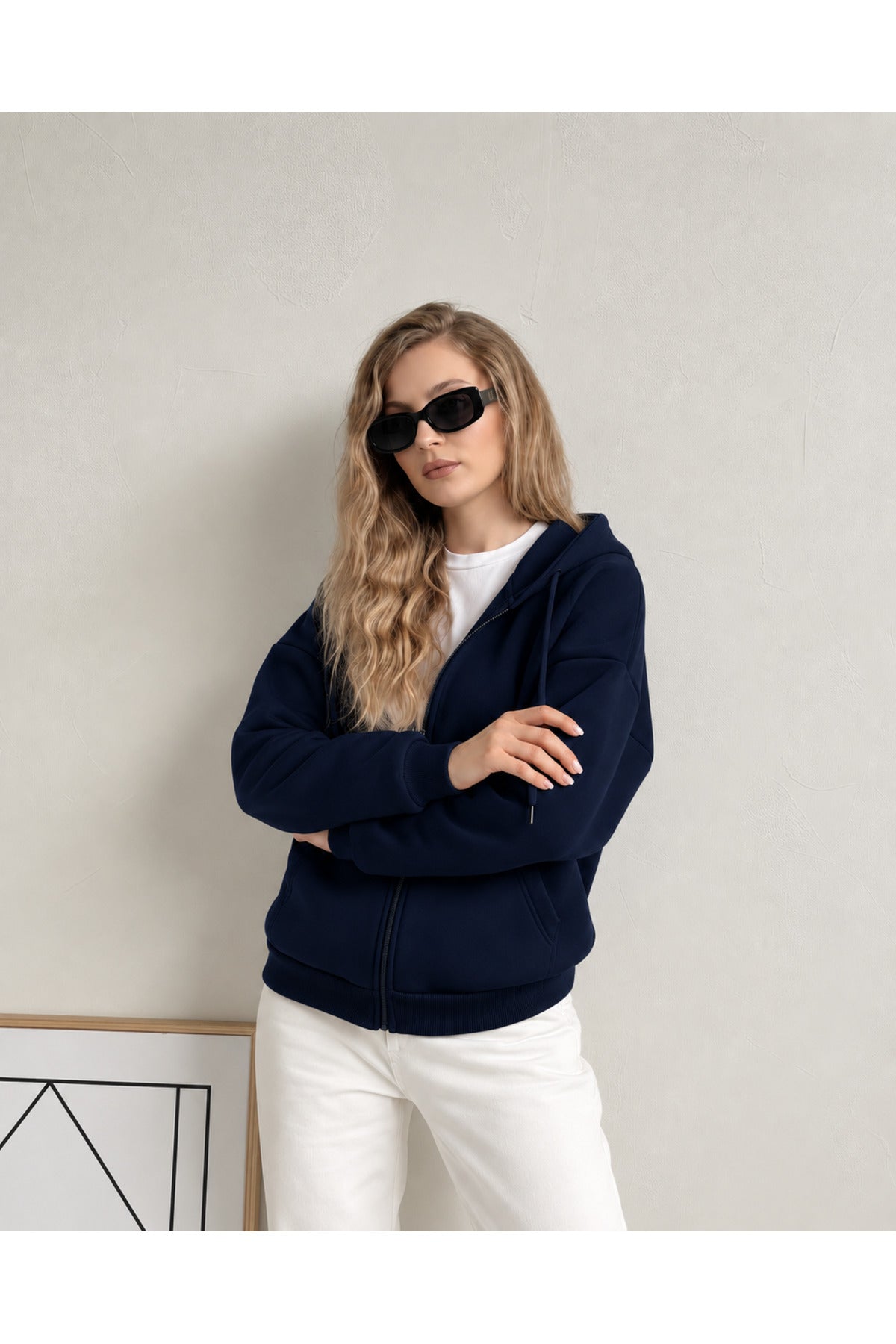 Kadin 3 İ̇pli̇k Kapüşonlu Fermuarli Oversi̇ze Sweatshirt Hirka - Lacivert - 3