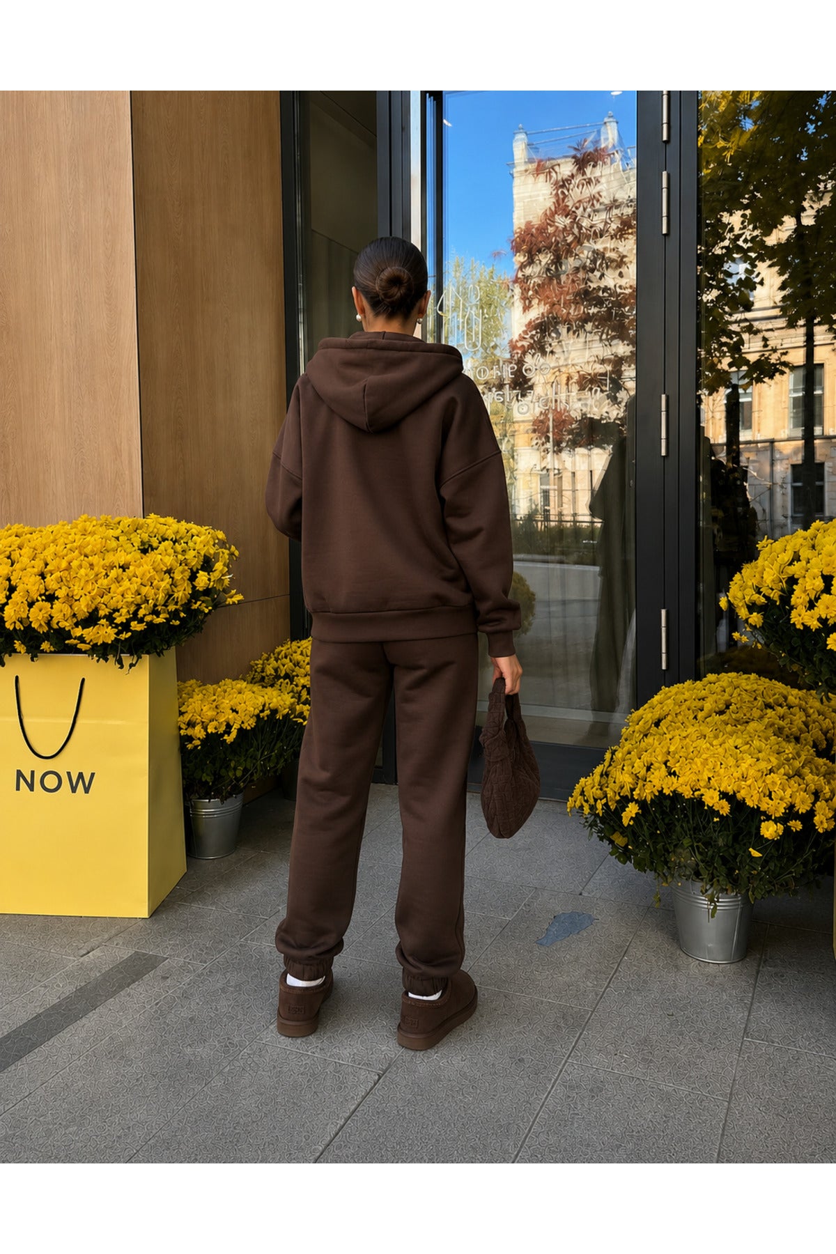 Kadin 3 İ̇pli̇k Kapüşonlu Fermuarli Sweatshirt Hirka Alt Üst Eşofman Takimi - Kahverengi - 3