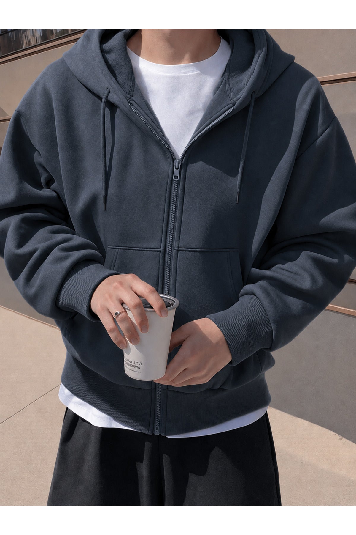 Erkek 3 İ̇pli̇k Fermuarli Kapüşonlu Oversi̇ze Rahat Sweatshirt Hirka - Füme - 2