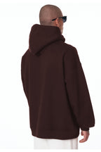 Erkek Bol Kesim Oversize 3 İ̇plik İ̇çi Pamuklu Şardonlu Kanguru Cep Kapşonlu Kışlık Hoodie Sweatshirt - Kahverengi - 3