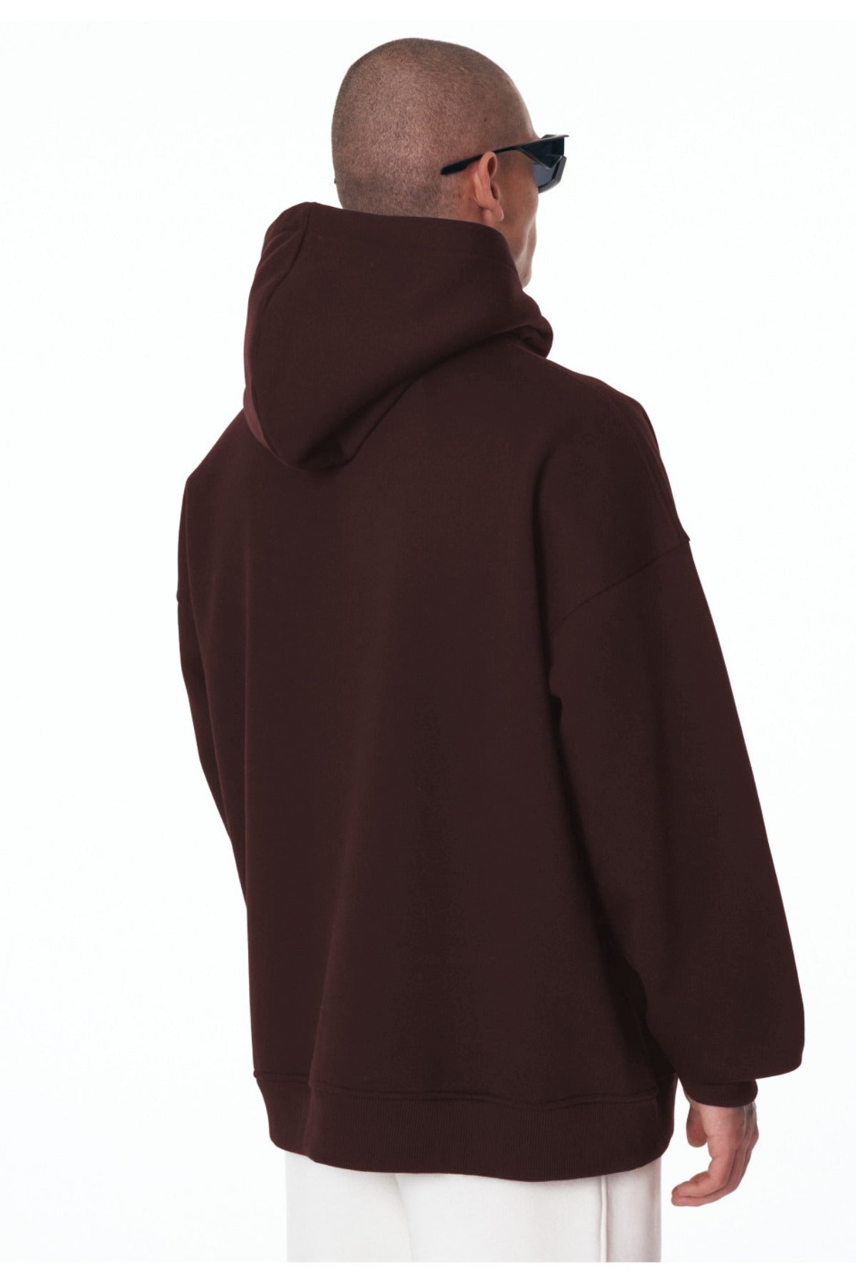 Erkek Bol Kesim Oversize 3 İ̇plik İ̇çi Pamuklu Şardonlu Kanguru Cep Kapşonlu Kışlık Hoodie Sweatshirt - Kahverengi - 3