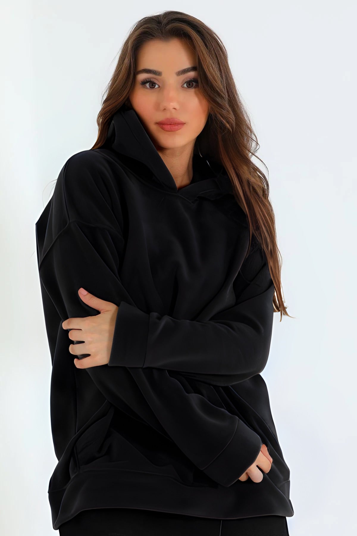 Kadın 3 İ̇plik Kanguru Cep Regular İ̇çi Pamuklu Oversize Okul Sweatshirt - Siyah - 3