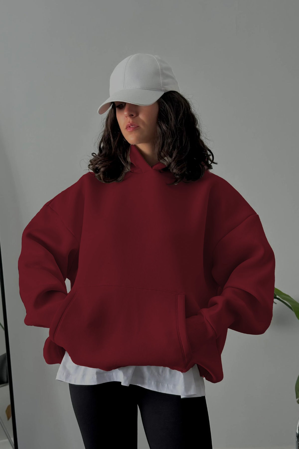 Kadın Kapşonlu Kalın Kanguru Cepli Sweatshirt - Bordo - 3