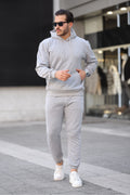 Erkek Bol Oversize 3 İ̇plik İ̇çi Pamuklu Kanguru Cep Kapşonlu Lastikli Paça Jogger Kış Eşofman Takımı - Gri - 1