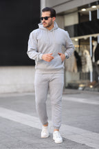 Erkek Bol Oversize 3 İ̇plik İ̇çi Pamuklu Kanguru Cep Kapşonlu Lastikli Paça Jogger Kış Eşofman Takımı - Gri - 1