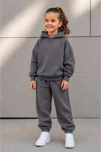 Çocuk Unisex Oversize Süper Yüksek Bel Paçası Lastikli Kapüşonlu Beli Bağlamalı Eşofman Takımı - Füme - 1