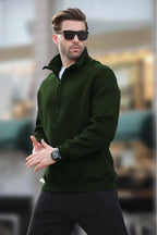 Erkek Yarım Fermuarlı Dik Yaka Oversize 3 İ̇plik Şardonlu Sweatshirt - Koyu Yeşil - 3