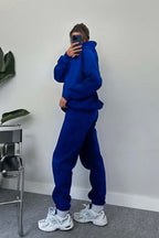 Kadın Oversize Trend Model Kanguru Cep Kapşonlu Sweatshirt Eşofman Takımı - Saks Mavisi - 5