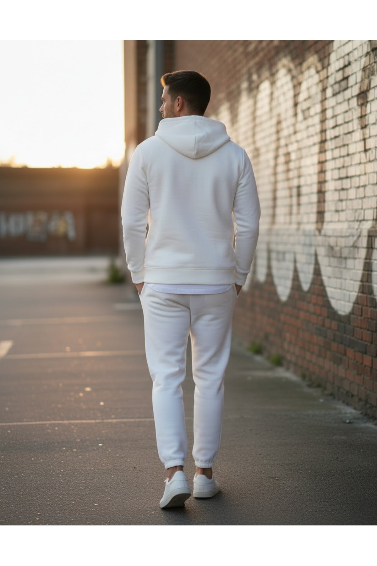 Erkek 3 İ̇pli̇k Fermuarli Kapüşonlu Oversi̇ze Sweatshirt Jogger Eşofman Takimi - Beyaz - 4