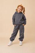 Çocuk Unisex Oversize Modern Kesi̇m Kapüşonlu Kanguru Cepli̇ Süper Yüksek Bel Günlük Eşofman Takimi - Füme - 1
