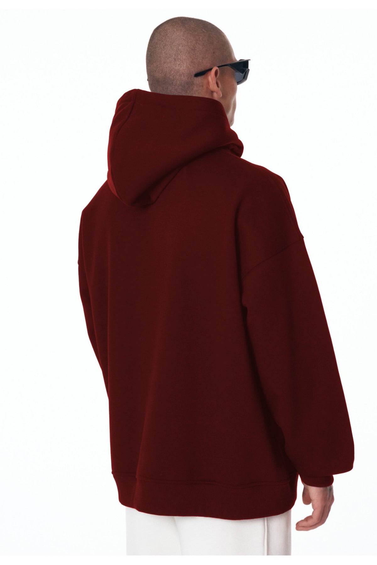 Erkek Bol Kesim Oversize 3 İ̇plik İ̇çi Pamuklu Şardonlu Kanguru Cep Kapşonlu Kışlık Hoodie Sweatshirt - Bordo - 3