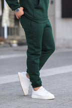 Erkek Bol Kesim Oversize 3 İ̇plik İ̇çi Pamuklu Şardonlu Lastikli Paça Jogger Kışlık Eşofman Altı - Koyu Yeşil - 3