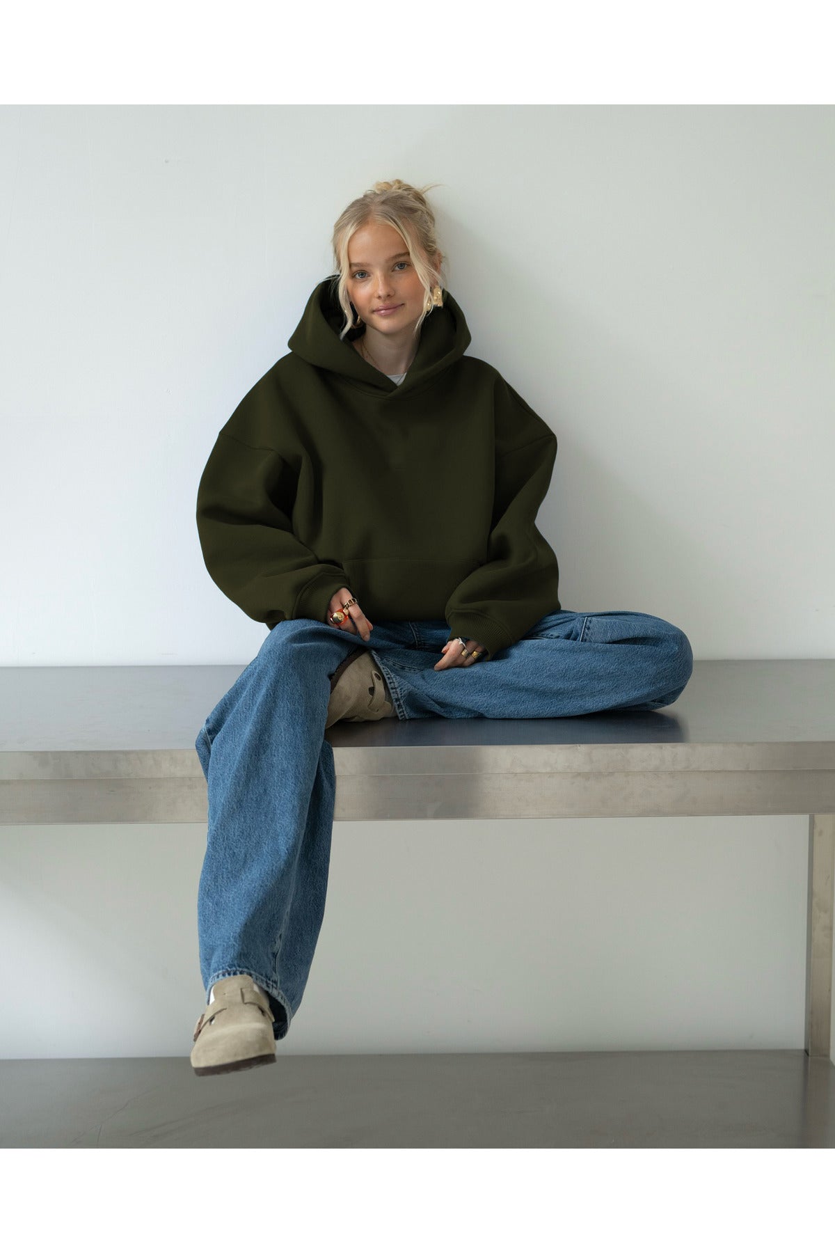 Oversize Kapşonlu Basic Baskısız Okul Sweatshirt - Koyu Yeşil - 2