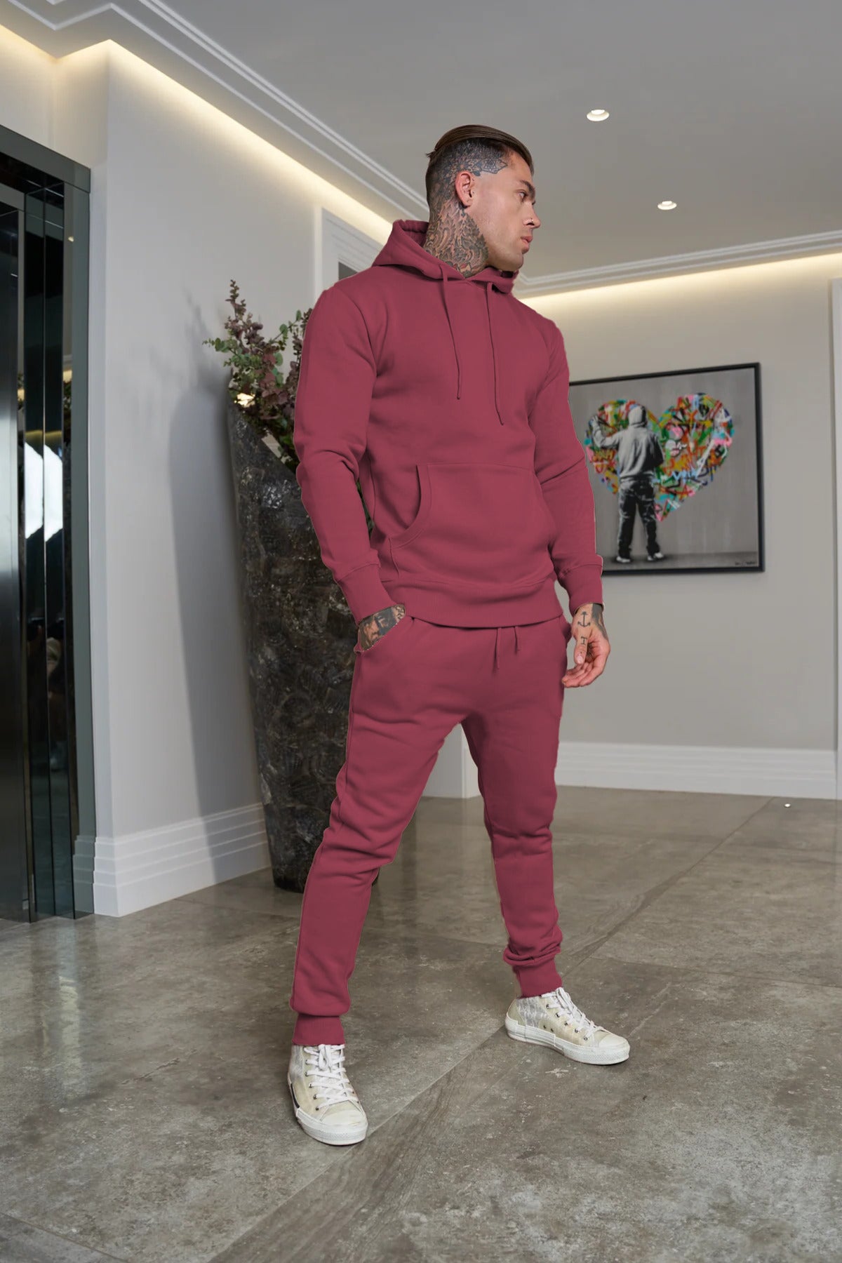 Erkek 3 İ̇plik İ̇çi Pamuklu Bol Basic Jogger Paçası Lastikli Eşofman Takımı - Mürdüm Melanj - 3