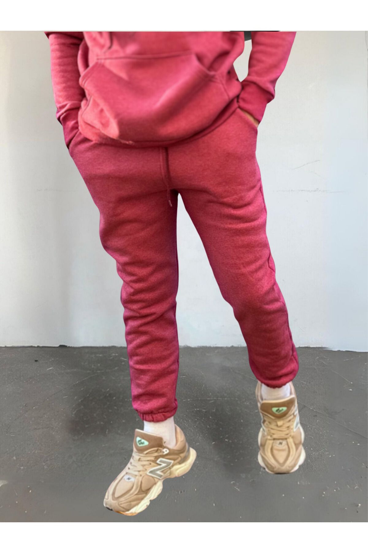 Unisex Kalın 3 İplik Basic Jogger Örme Eşofman Altı - Mürdüm Melanj - 2