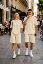Unisex Kadin Erkek Çi̇ft Kullanimina Uygun Oversi̇ze Kisa Kollu Şort Takim (tek Adet ) - Bej - 2