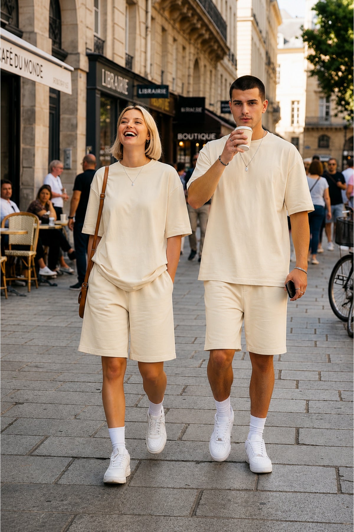 Unisex Kadin Erkek Çi̇ft Kullanimina Uygun Oversi̇ze Kisa Kollu Şort Takim (tek Adet ) - Bej - 2