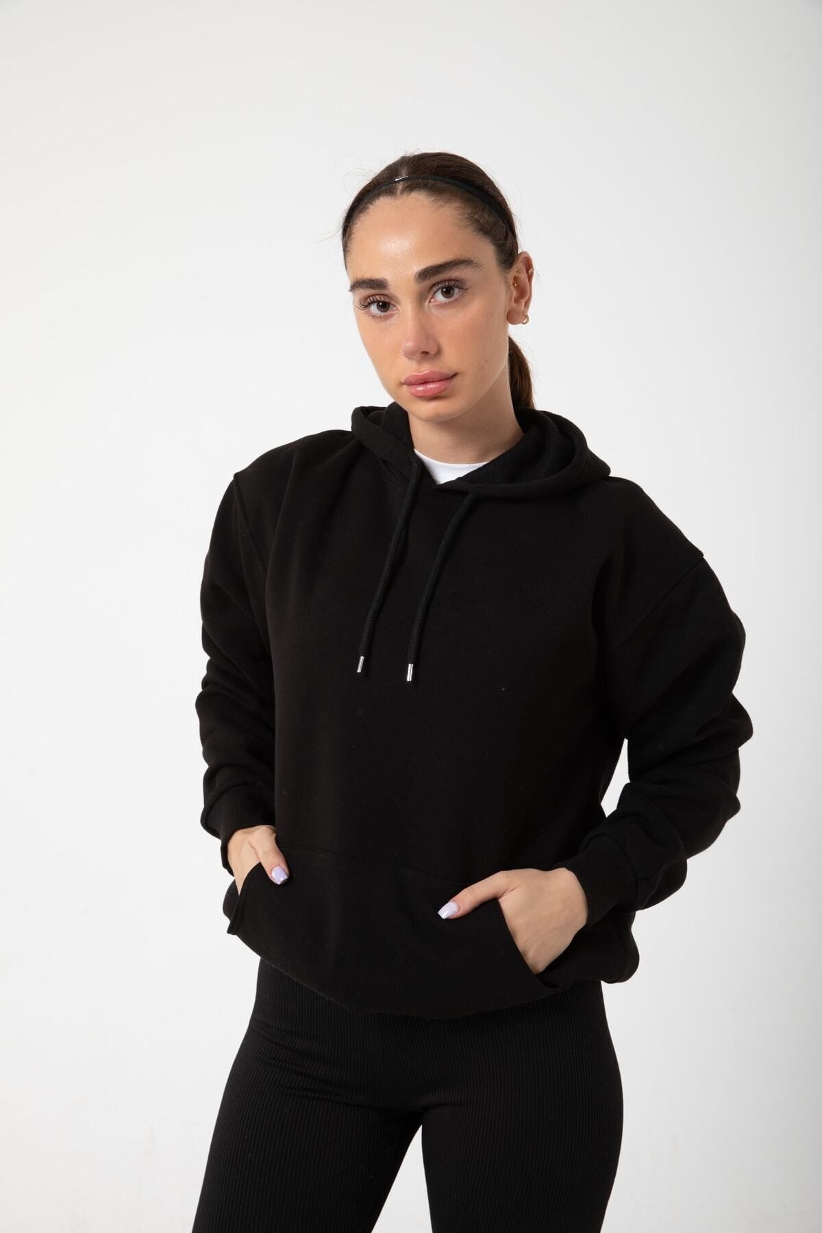 Kadın Siyah İ̇çi Polar Sweatshirt Kapşonlu Cepli Günlük Stil Oversize Black Hoodie - Siyah - 3