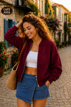 Kadın Fermuarlı Oversize Bomber Basic Mevsimlik Günlük Ceket - Bordo - 3