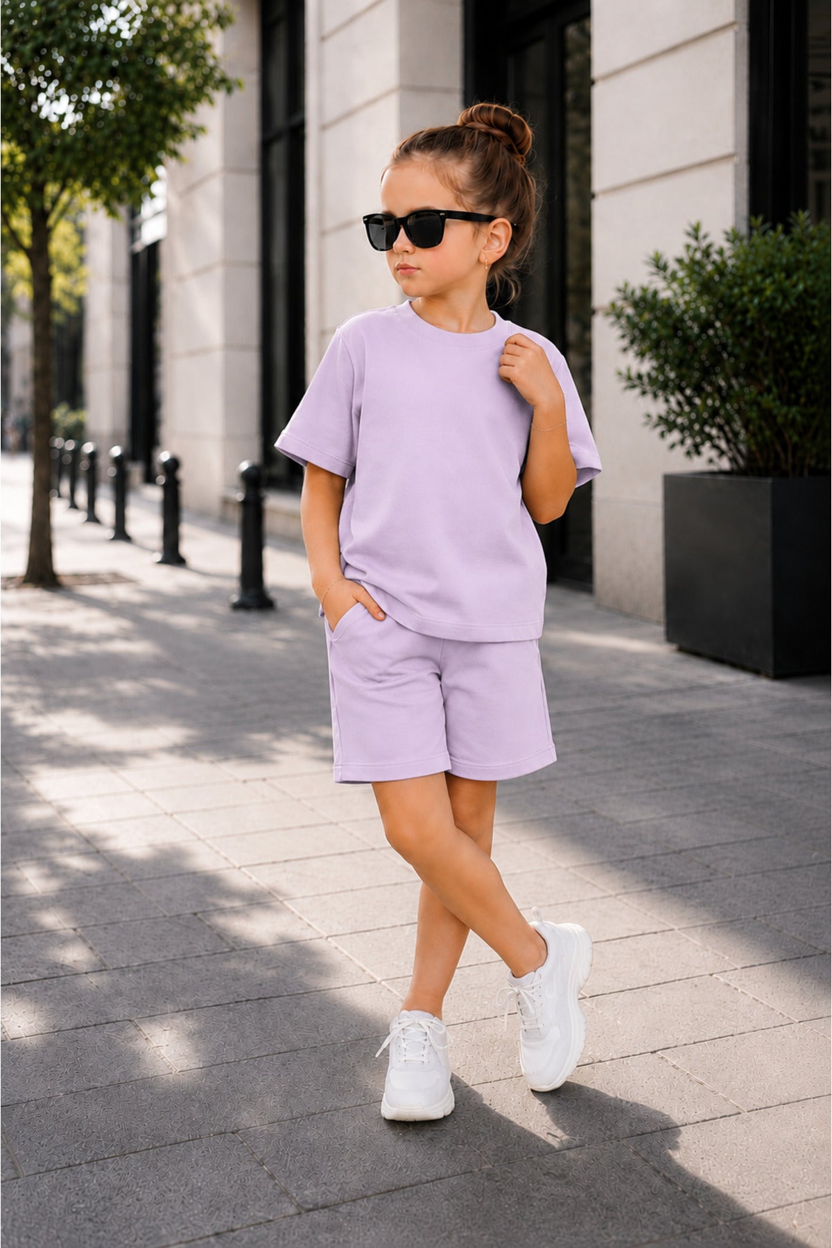 Çocuk Unisex Kisa Kollu Oversize Günlük Kullanima Uygun Li̇krali Beli̇ Bağlamali Rahat Kesi̇m Basic Yazlik Şortlu İ̇ki̇li̇ Takim - Lila - 2