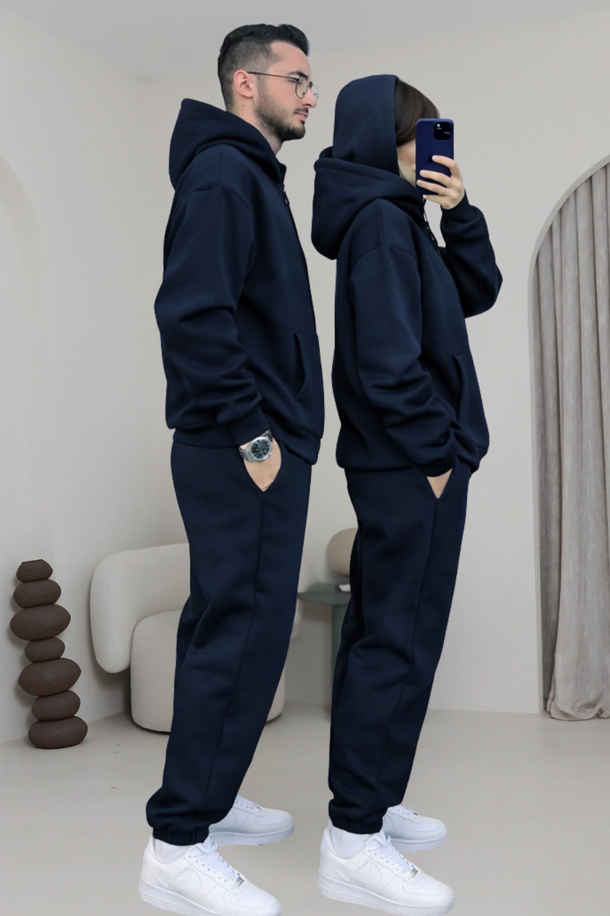 Çiftlere Özel Basic Oversize Kapşonlu Eşofman Takımı - Lacivert - 2