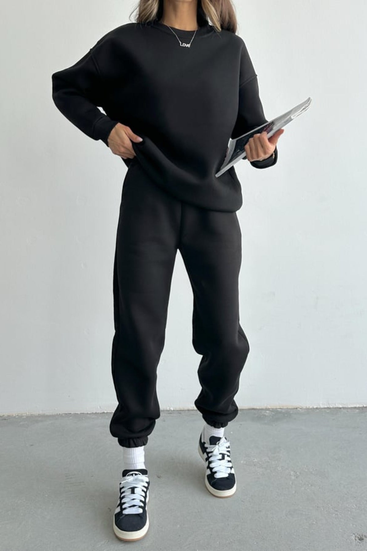 Kadın Oversize Geniş Kalıp Basic Pamuklu Eşofman Takıım - Siyah - 4