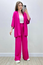 Kadın Dökümlü Bürümcük Yazlık Kimono Takım - Pembe - 1