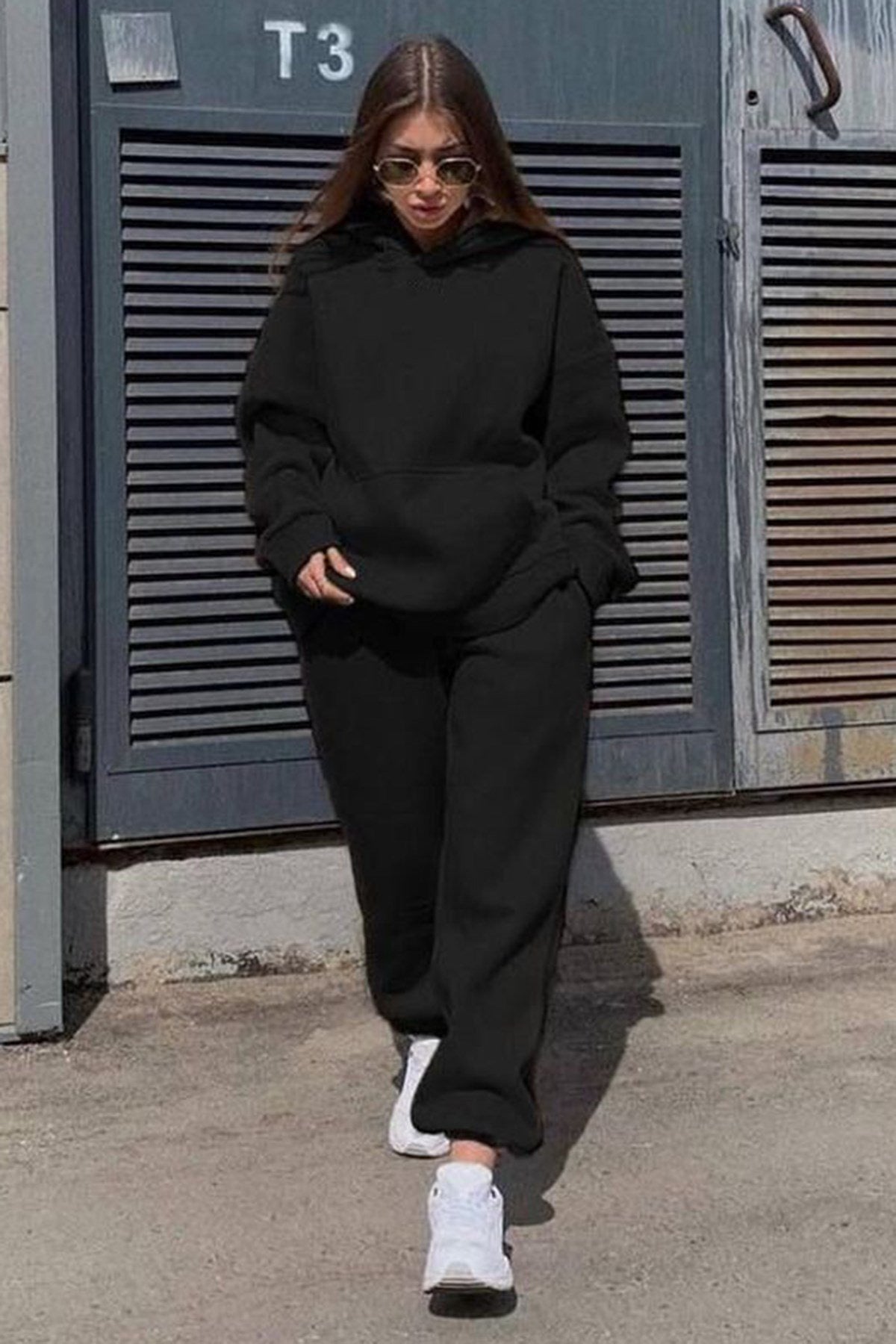 Kadın Hoodie Kanguru Cep Kapşonlu Sweatshirt Paçası Lastikli Alt Eşofman Takımı - Siyah - 1