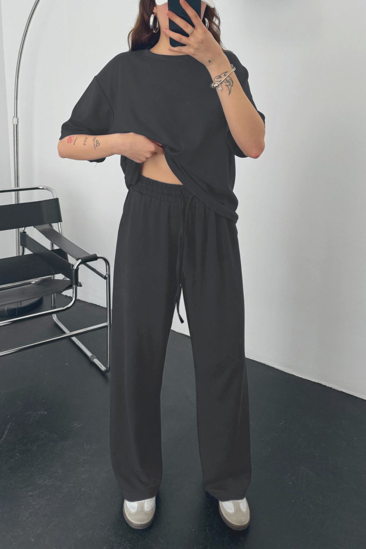 Kadın Modal Penye Yüksek Bel Oversize Alt Üst Takım - Füme - 2