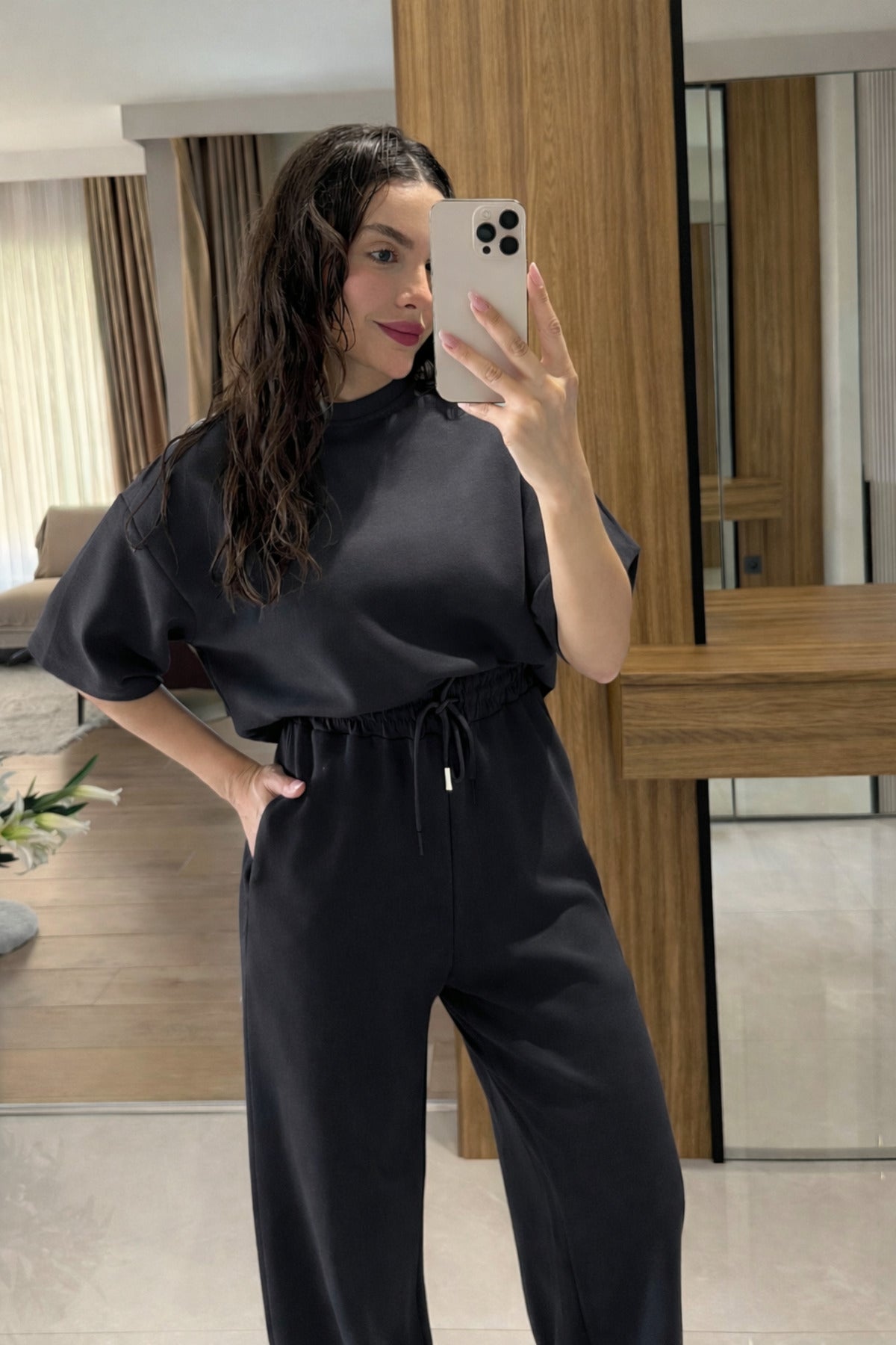 Kadin Modal Penye Esnek Kisa Kollu Yüksek Bel Geni̇ş Paça Alt Üst Takim - Füme - 3