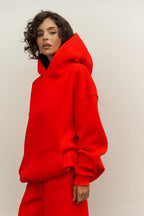Kadın 3 İ̇plik İ̇çi Pamuklu Kanguru Cep Regular İ̇çi Pamuklu Oversize Sweatshirt - Kırmızı - 2