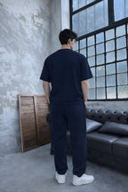 Erkek Kisa Kollu Oversize Bisiklet Yaka Rahat Kesi̇m Beli̇ Bağlamali Eşofman Takimi - Lacivert - 4