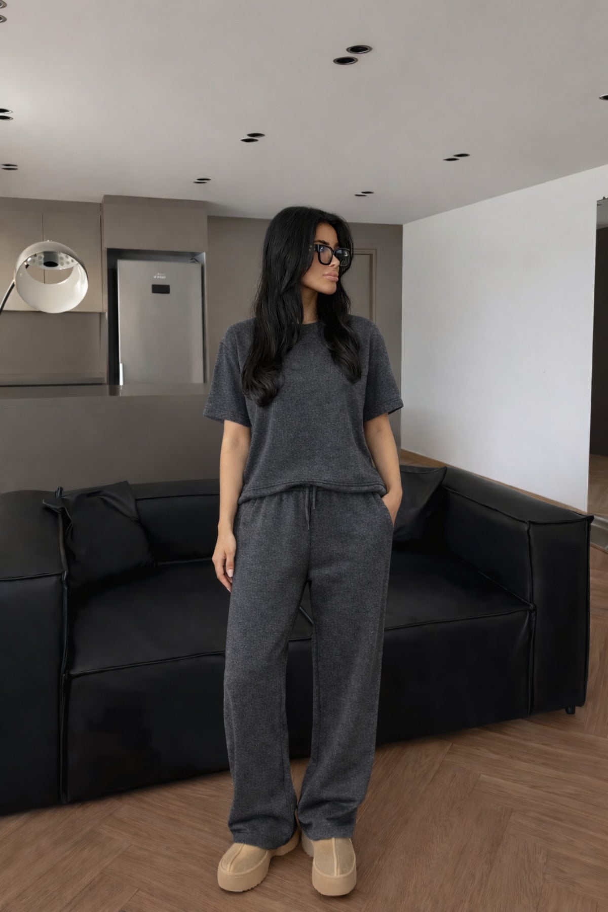 Kadın Kısa Kollu Oversize Süper Yüksek Bel Esnek Bisiklet Yaka Eşofman Takımı - Antrasit Melanj - 2