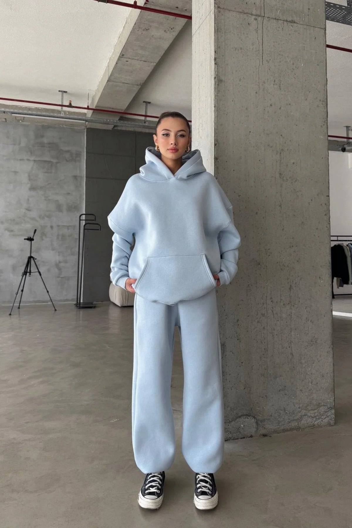 Kadın Paçası Lastikli Jogger Oversize Kışlık Eşofman Takımı - Bebe Mavisi - 4