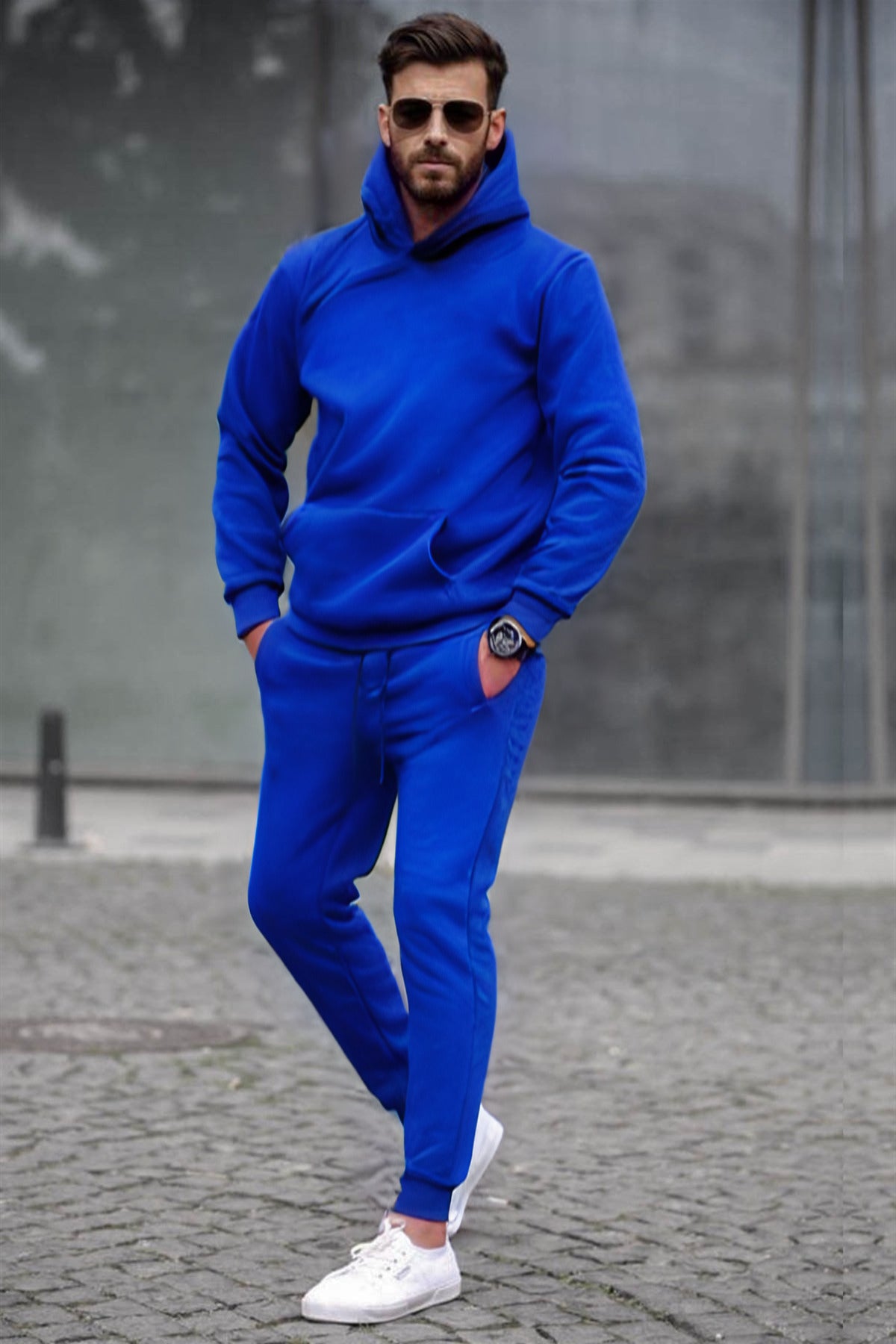 Erkek Oversize 3i̇plik Şardonlu Eşofman Takımı - Saks Mavisi - 1