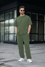 Erkek Basic Oversize Takım Kısa Kollu Penye Konforlu Kombin - Yeşil - 3