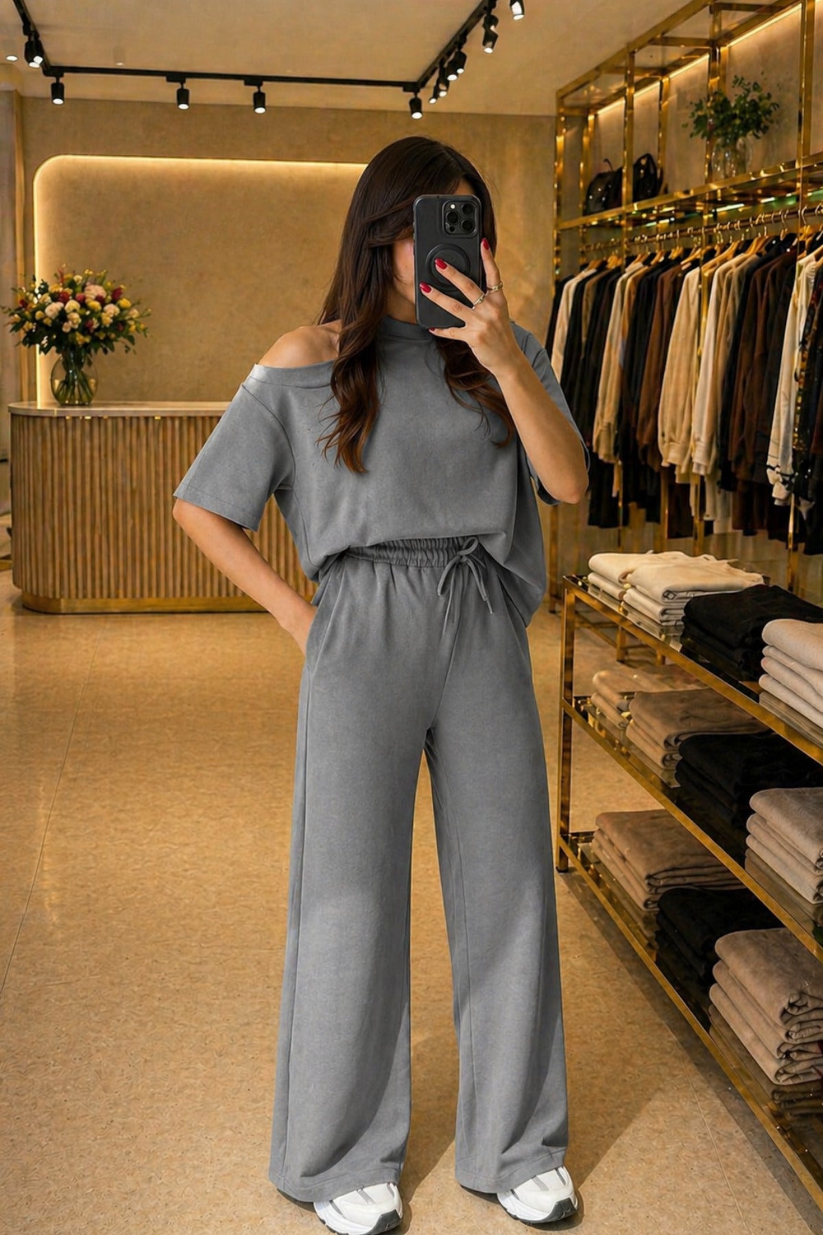 Kadın Oversize Salaş Takım Tek Omuz Detaylı Rahat Kesim Günlük Kombin - Füme - 2