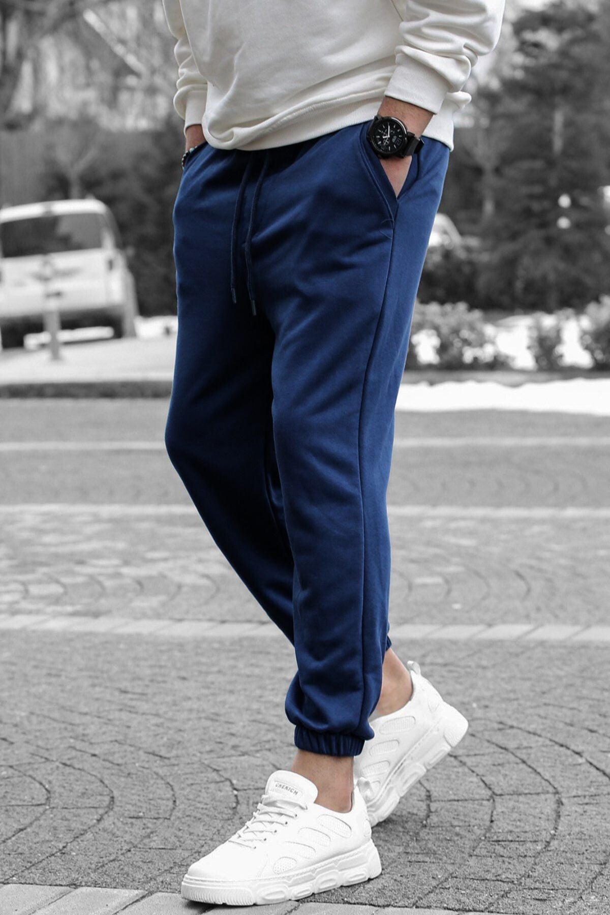 Erkek Jogger Şardonlu Beli Lastikli Cepli 3 İ̇plik Eşofman Altı - Lacivert - 1