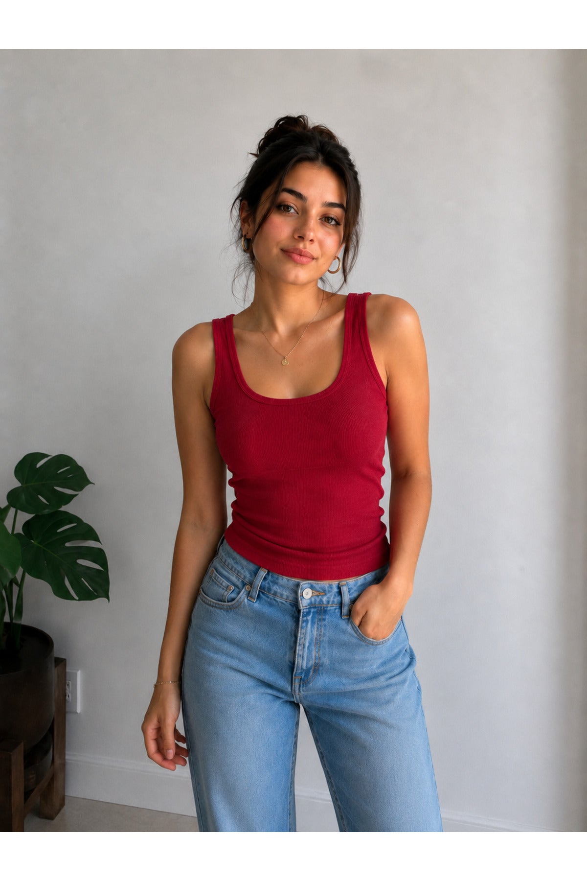 Kadın Esnek Ribanalı Düz Basic Atlet - Bordo - 3