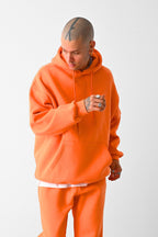 Erkek Bol Kesim Oversize 3 İplik İçi Pamuklu Şardonlu Kanguru Cep Kapşonlu Kışlık Hoodie Sweatshirt - Turuncu - 3