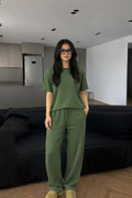 Kadın Kısa Kollu Oversize Süper Yüksek Bel Esnek Bisiklet Yaka Eşofman Takımı - Yeşil - 1