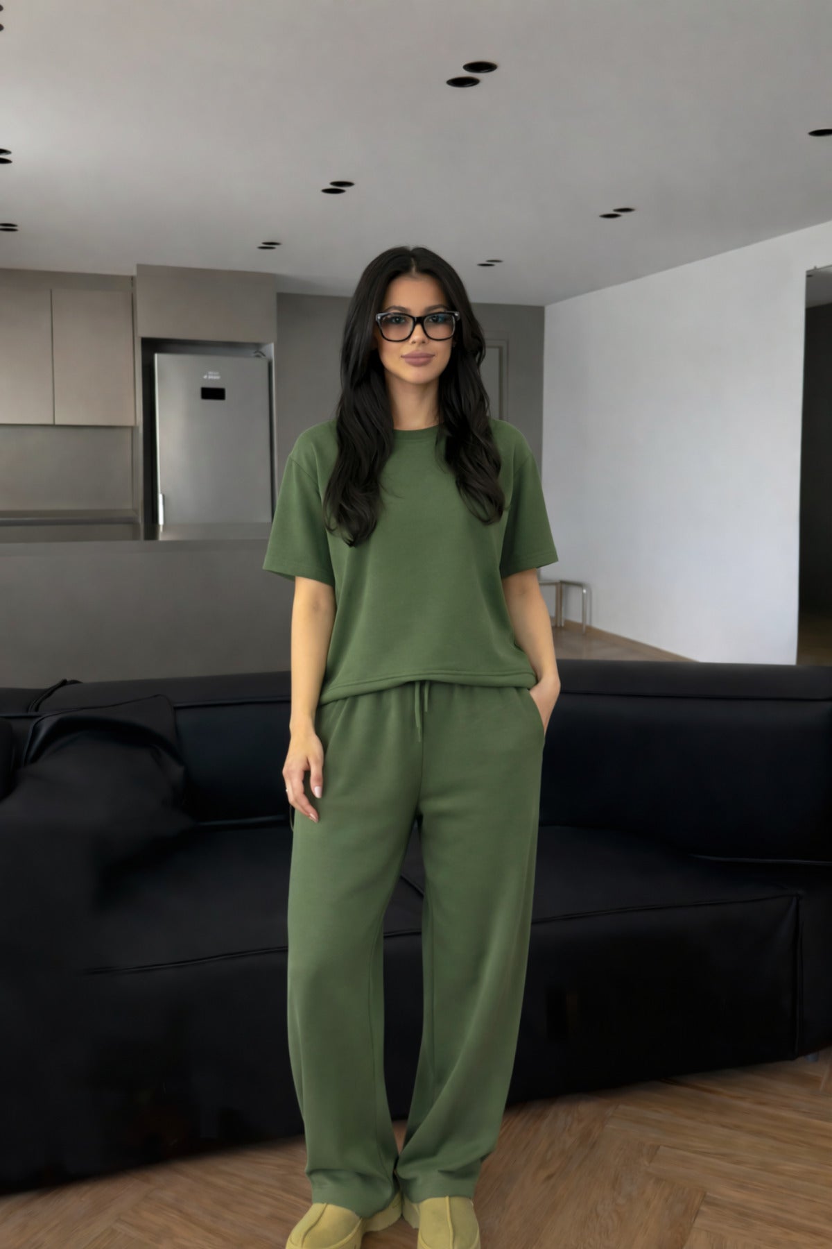 Kadın Kısa Kollu Oversize Süper Yüksek Bel Esnek Bisiklet Yaka Eşofman Takımı - Yeşil - 1